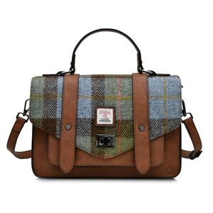 Harris Tweed Chestnut and Blue Tartan Large Satchel Bag Green